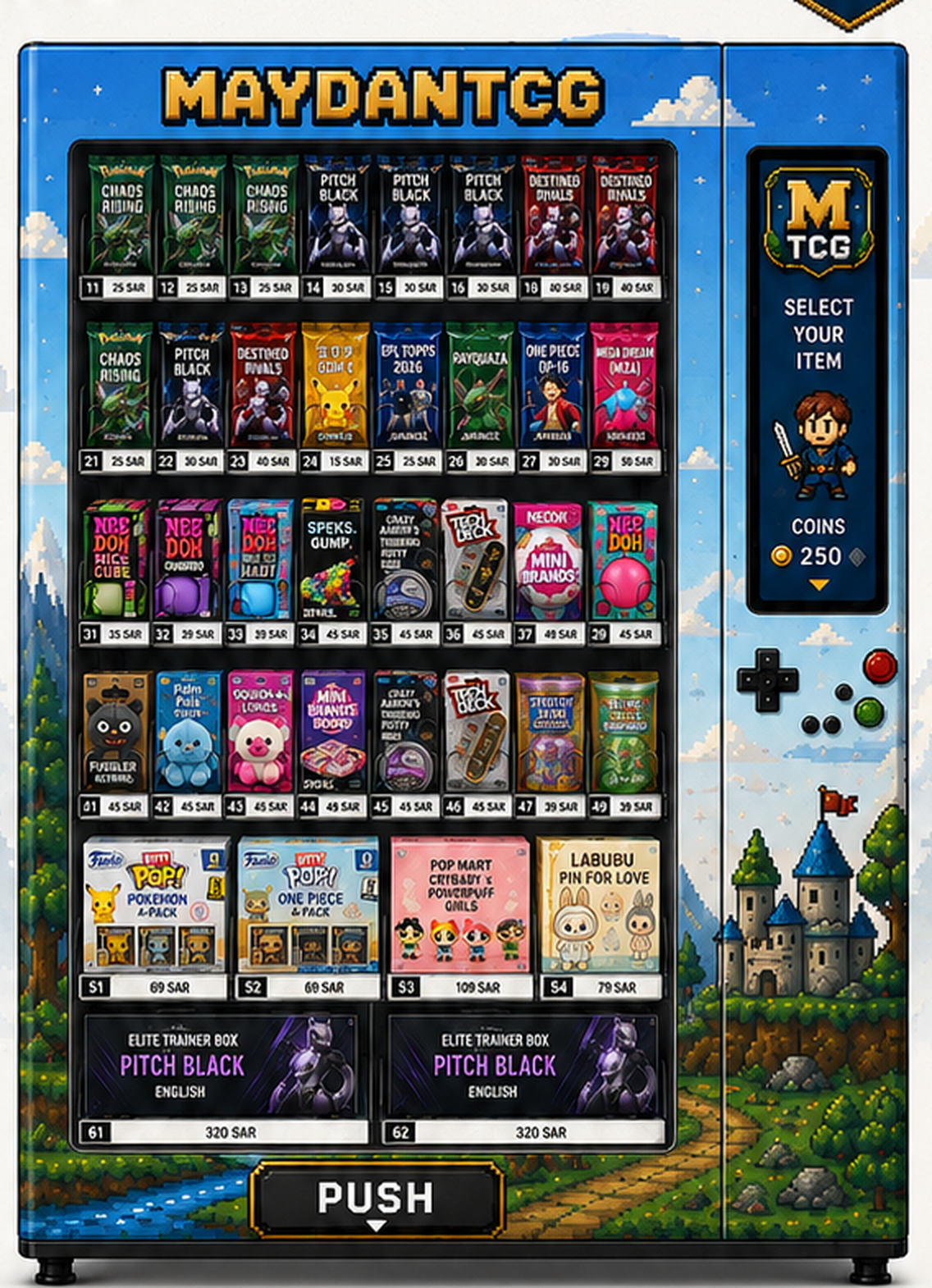 The real MaydanTCG vending machine stocked with Pokémon, One Piece, NeeDoh, POP MART and Funko products